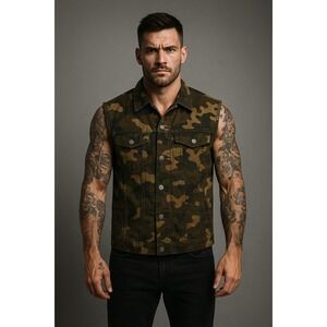 Miskeen Originals Camo Vest Men XL Green Button Up Y2K Streetwear Skater Utility